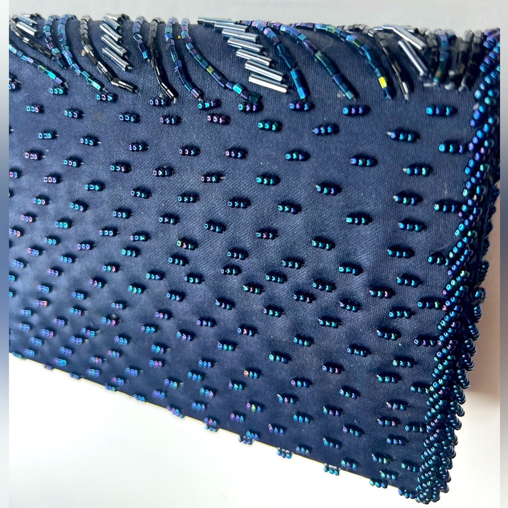 Vintage 1960s Genie Cross Body Beaded Purse Black/Navy Blue/Silver Evening Bag - Picture 10 of 16